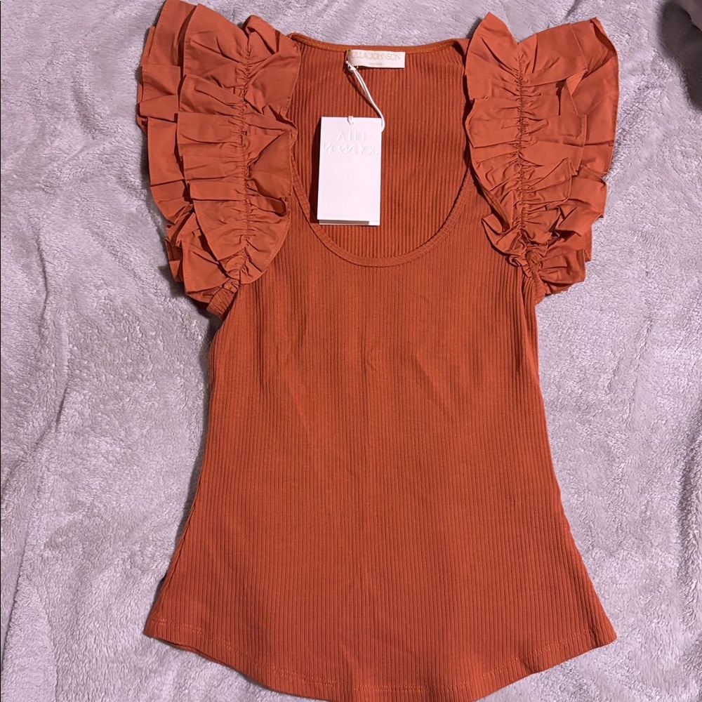 Ulla Johnson Ribbed Top in Warm Terracotta.. Ruffle Sleeves… NWT.. Sz Small